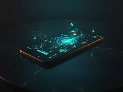 Karanlık masada teal ekranlı siyah telefon