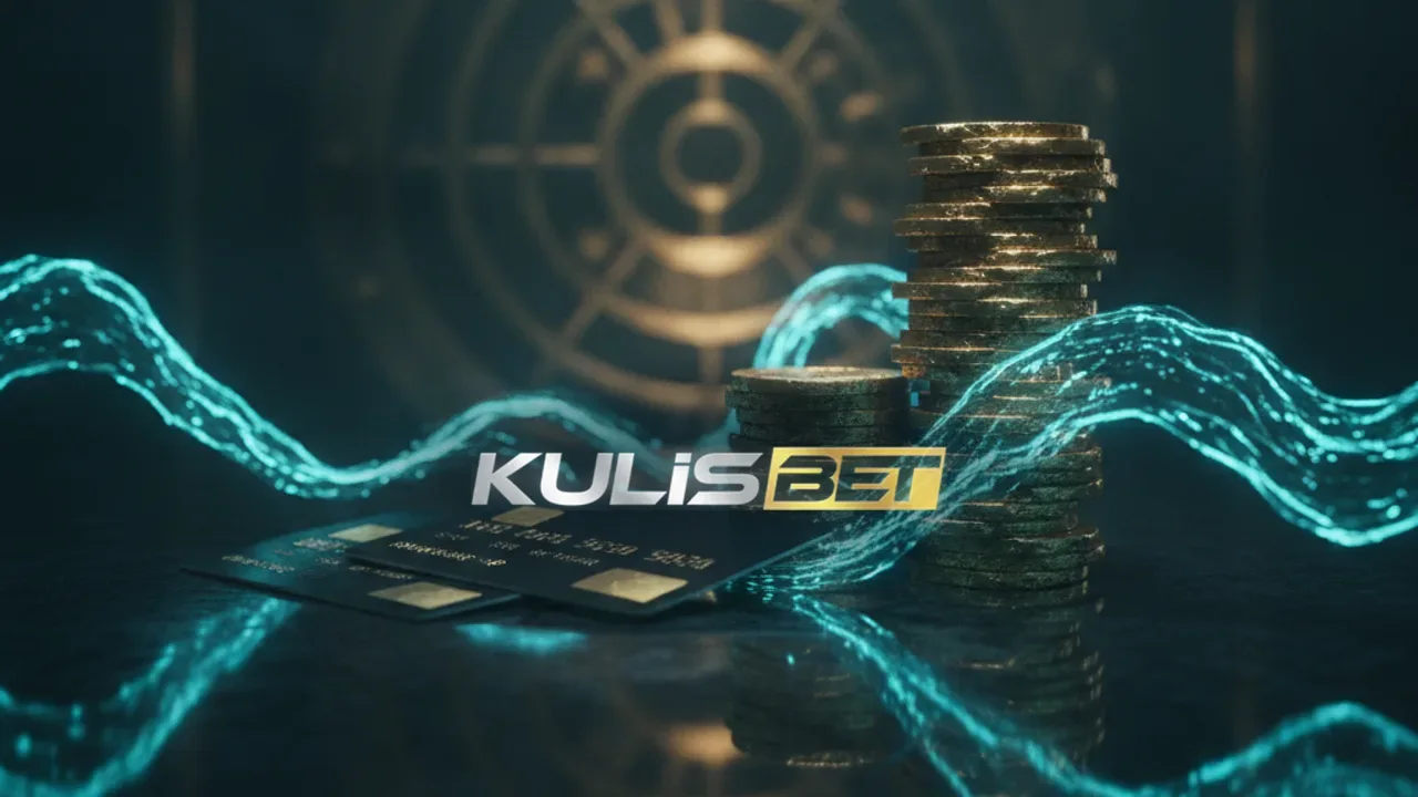 Siyah cam yüzeyde siyah-altın kartlar, altın para yığını ve su gibi akan teal dijital ışık